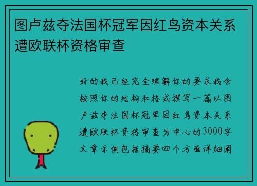 图卢兹夺法国杯冠军因红鸟资本关系遭欧联杯资格审查 图卢兹夺法国杯冠军因红鸟资本关系遭欧联杯资格审查